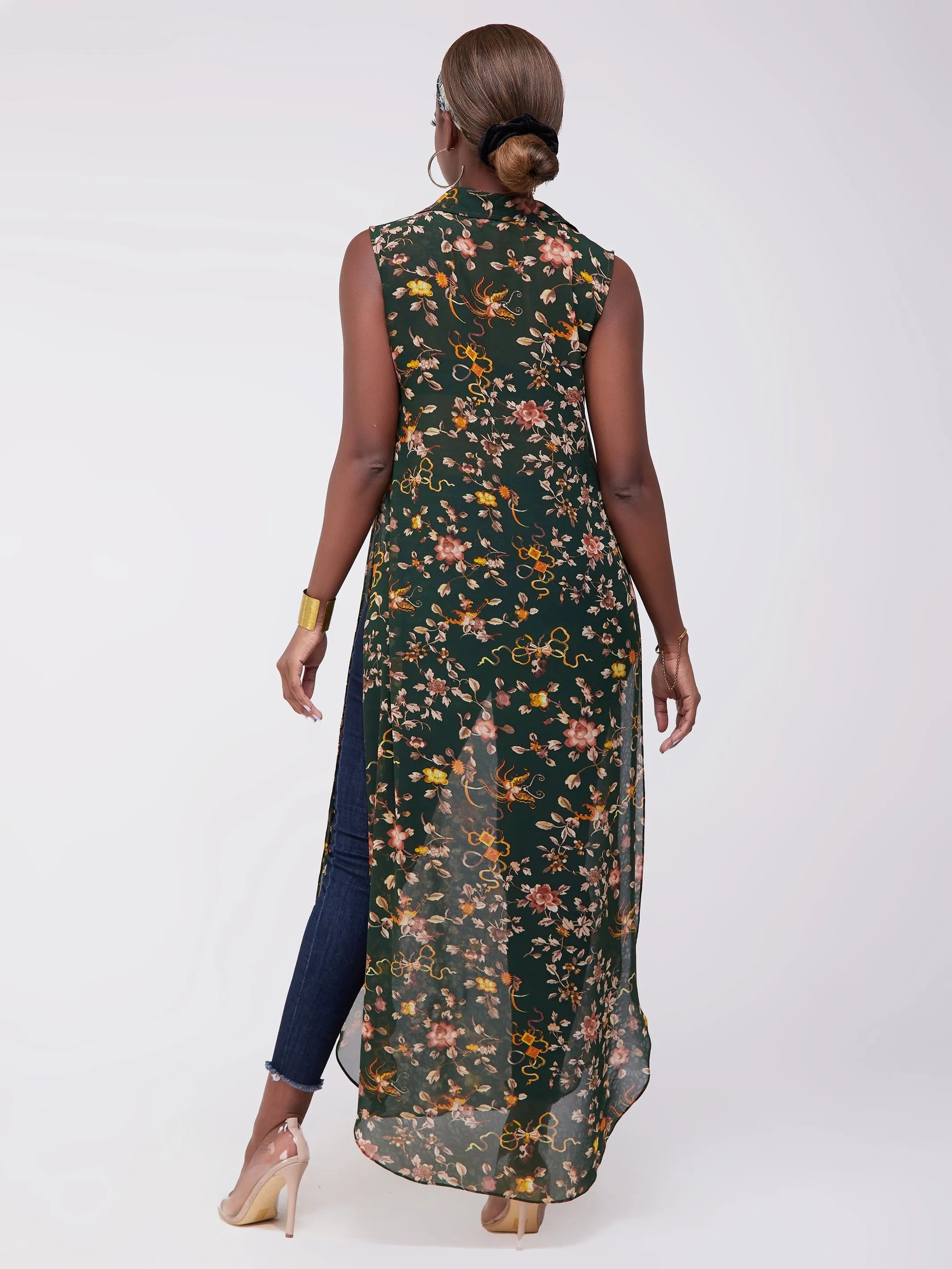 Vivo Sana Chiffon Maxi Side Slit Top - Green Print