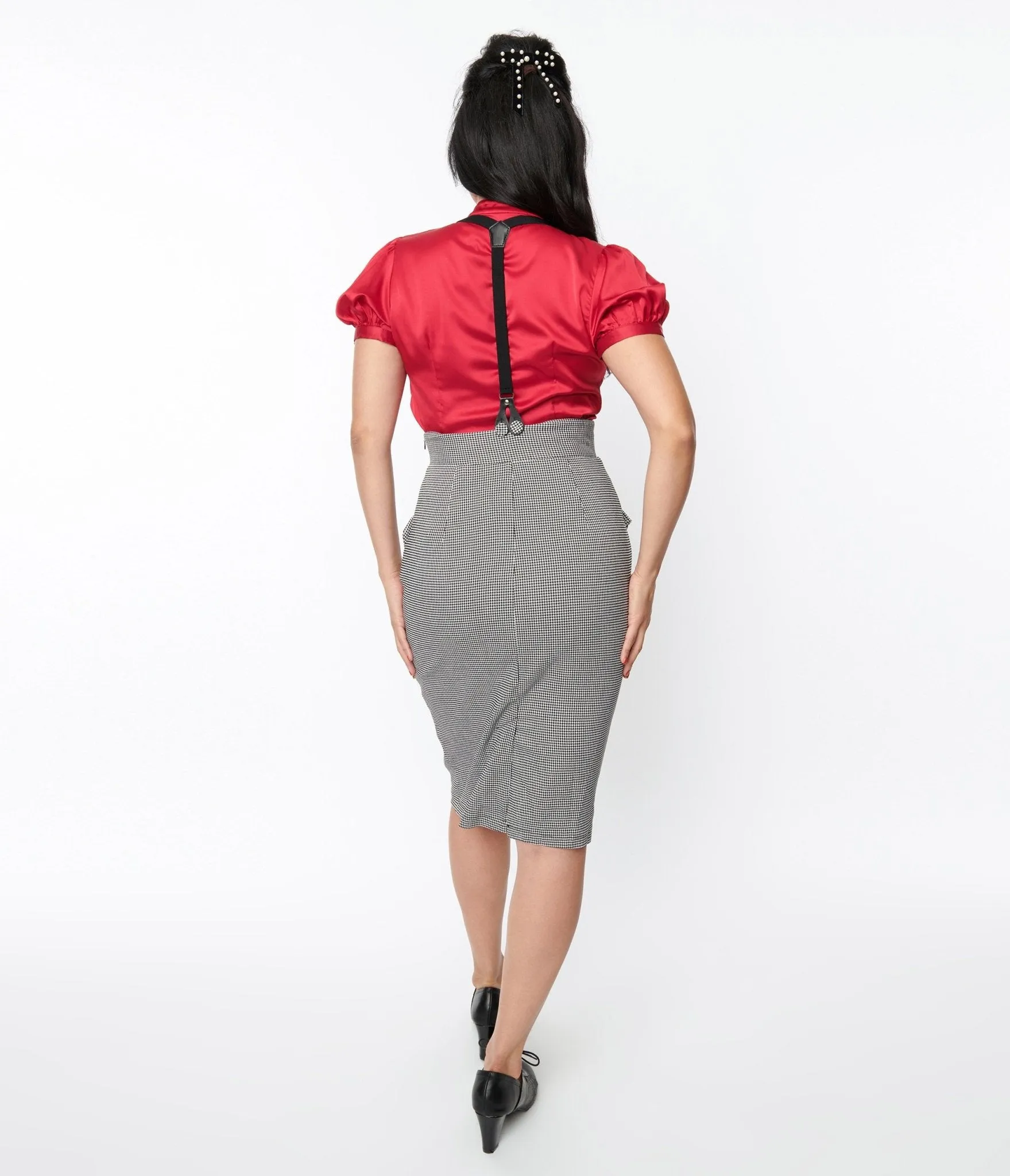 Voodoo Vixen Black & White Houndstooth Suspender Wiggle Skirt