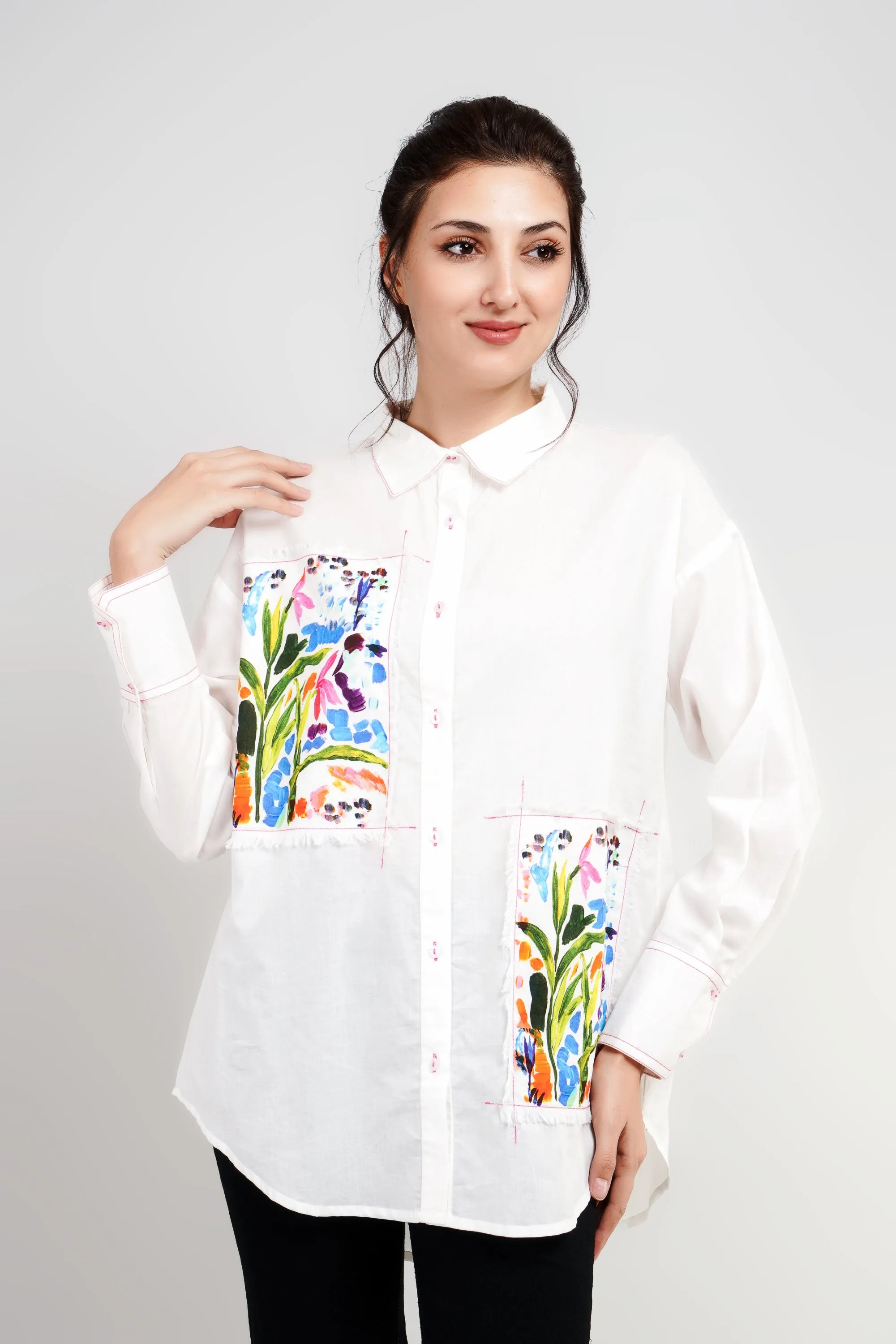 White Shirt With Colorful Embroidery