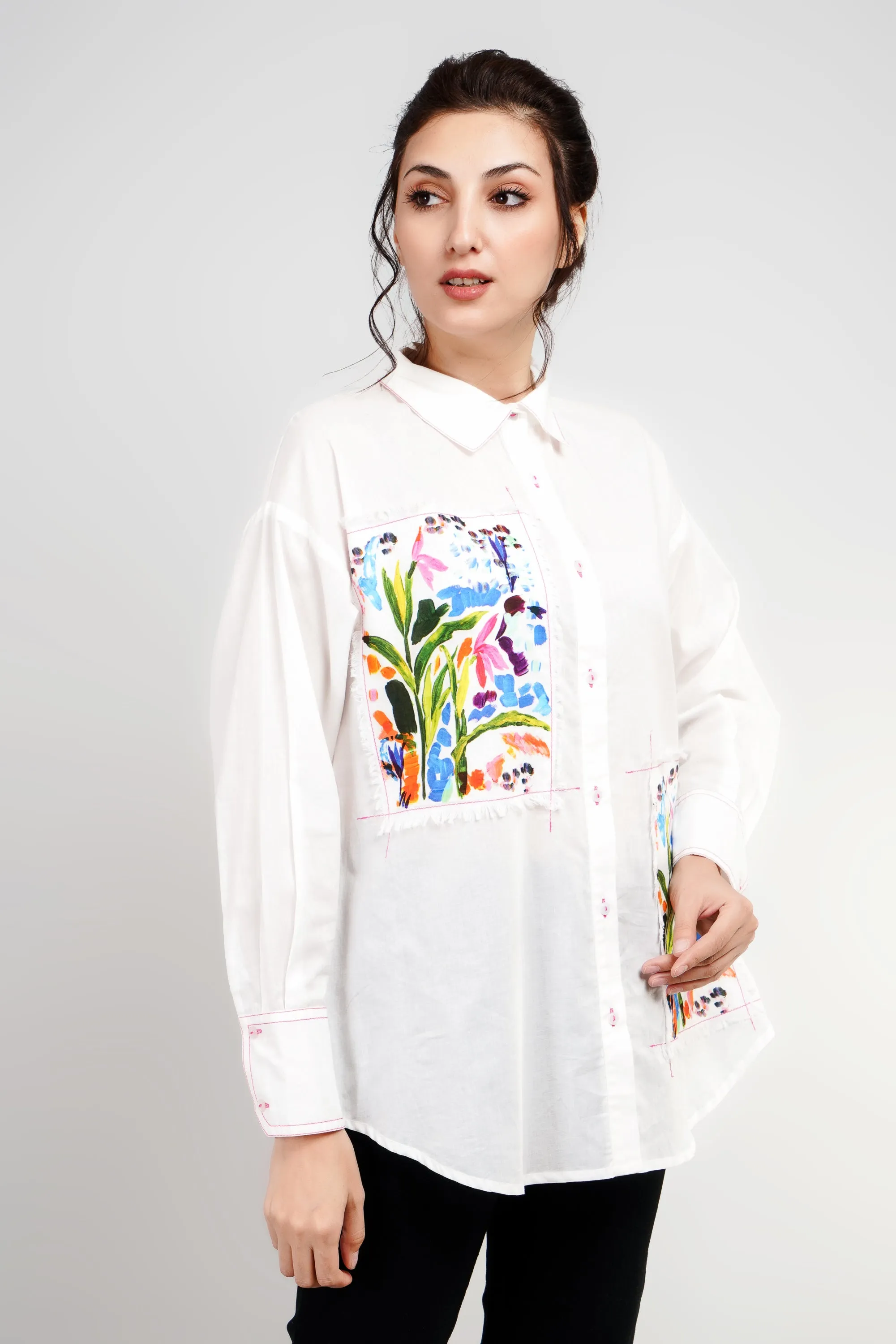 White Shirt With Colorful Embroidery