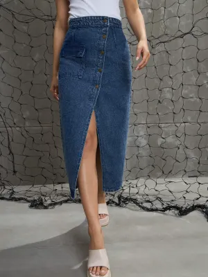 Women Blue Front Button Wrap Skirt