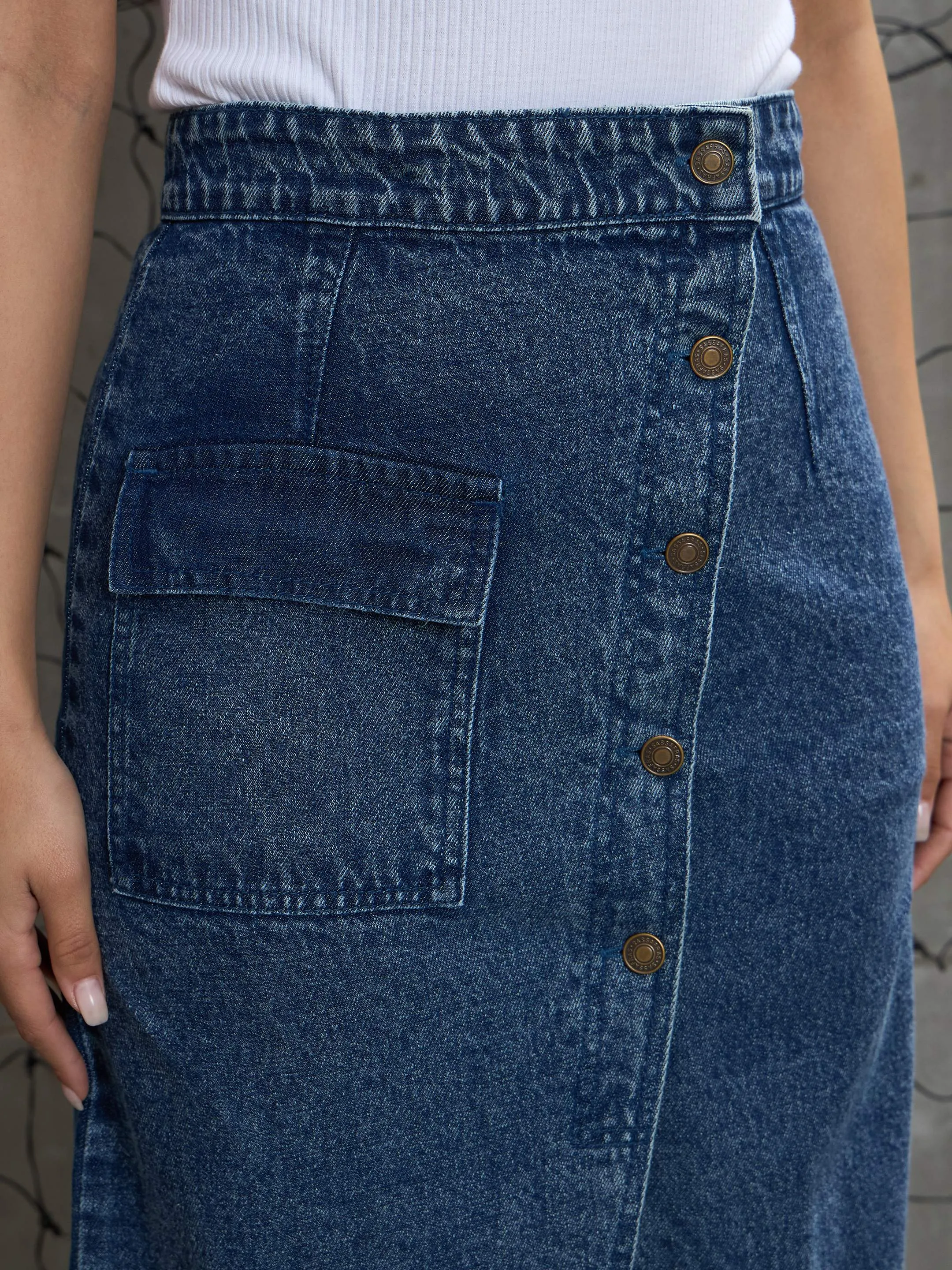 Women Blue Front Button Wrap Skirt