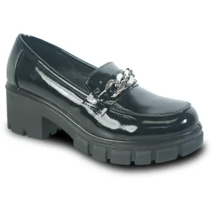 Women Comfort Dress Shoe OY3301 Platform Chunky Heel Pump Penny Loafer Slip-on Black Patent with Removable Insole