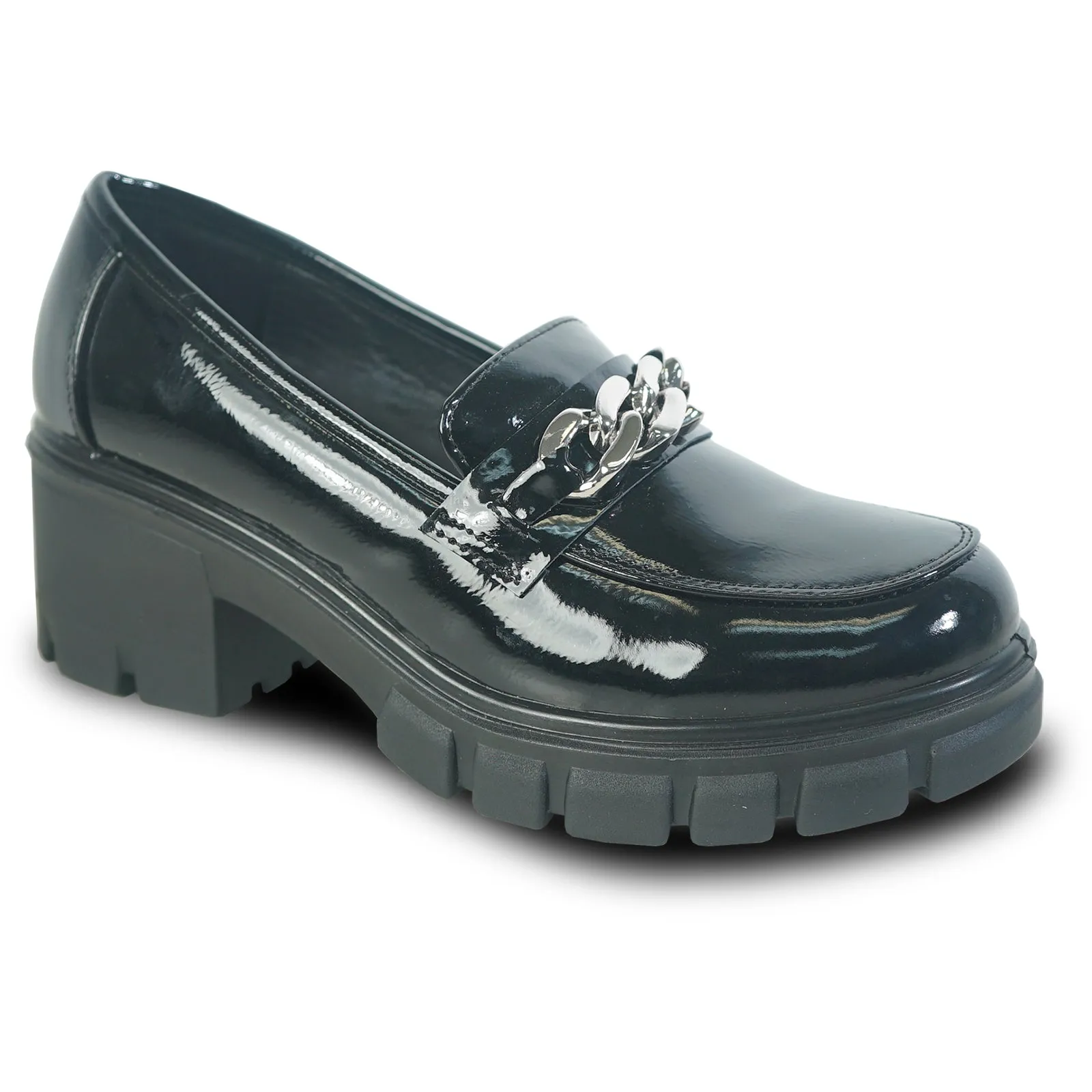 Women Comfort Dress Shoe OY3301 Platform Chunky Heel Pump Penny Loafer Slip-on Black Patent with Removable Insole