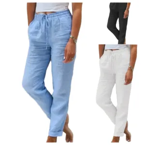 Women High Waist Cotton Linen Summer Pants
