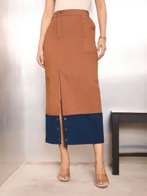 Women Rust and Blue Twill Contrast Hem Pencil Skirt
