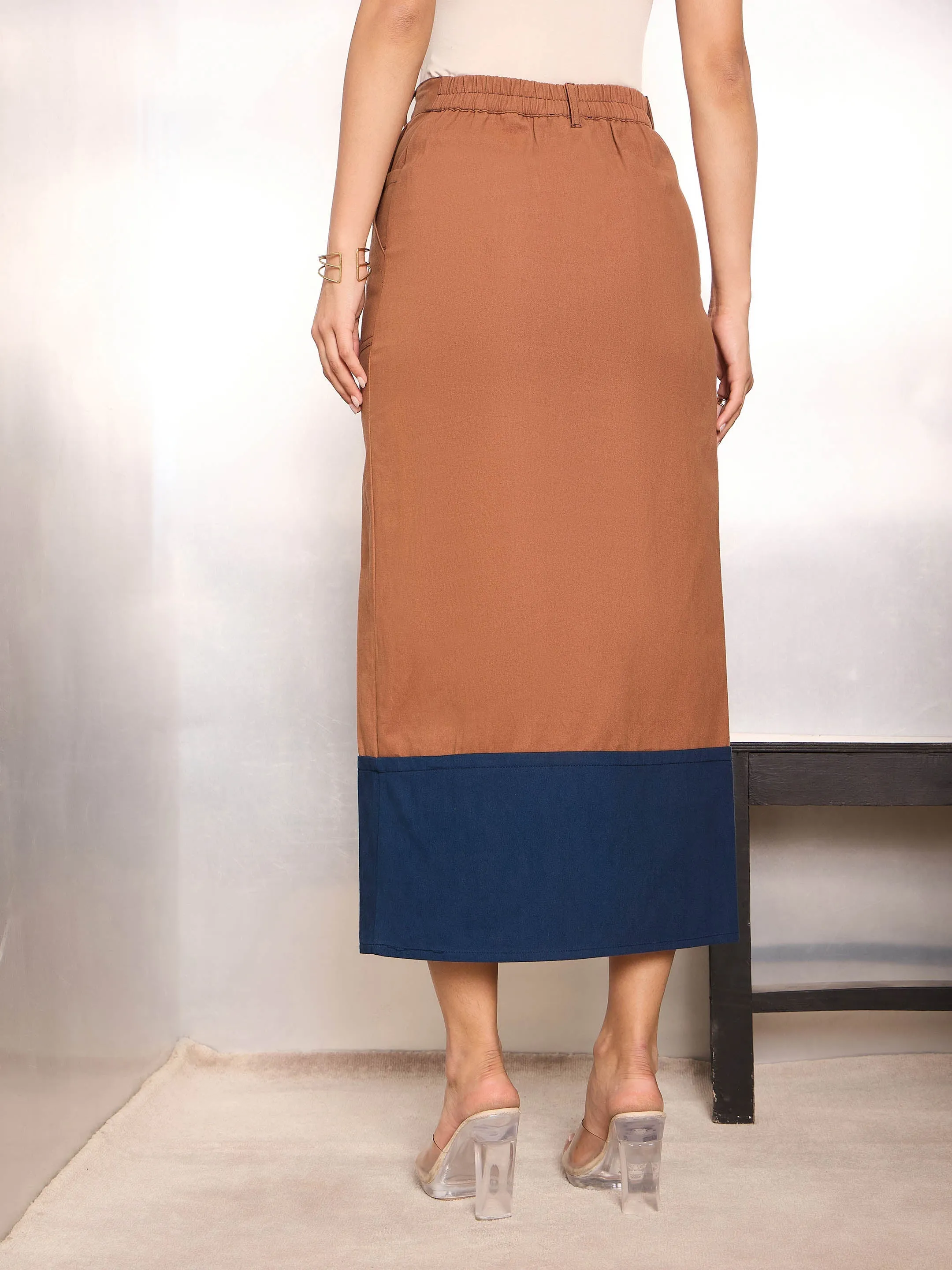 Women Rust and Blue Twill Contrast Hem Pencil Skirt