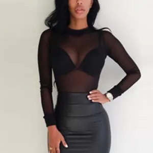 Women T Shirt See Through Transparent Mesh Tops Long Sleeve Sheer Slim Ladies Turtleneck T-Shirt