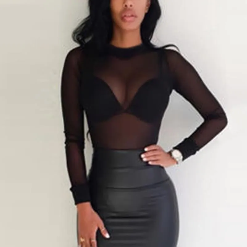 Women T Shirt See Through Transparent Mesh Tops Long Sleeve Sheer Slim Ladies Turtleneck T-Shirt