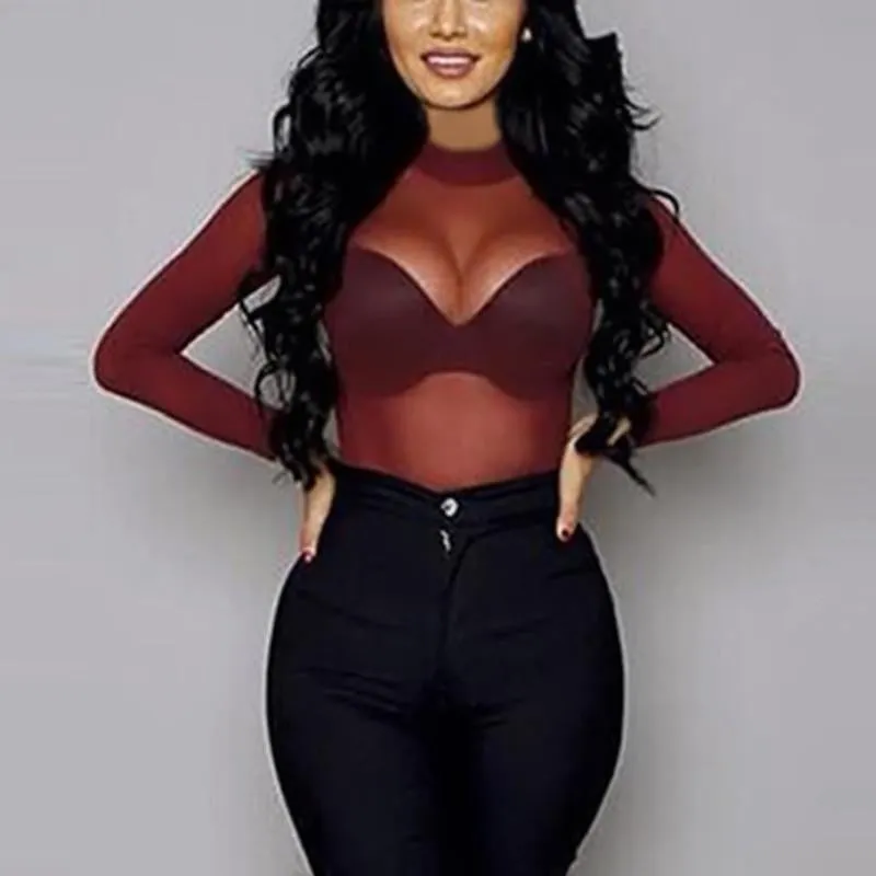 Women T Shirt See Through Transparent Mesh Tops Long Sleeve Sheer Slim Ladies Turtleneck T-Shirt