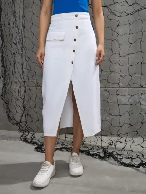 Women White Front Button Wrap Skirt