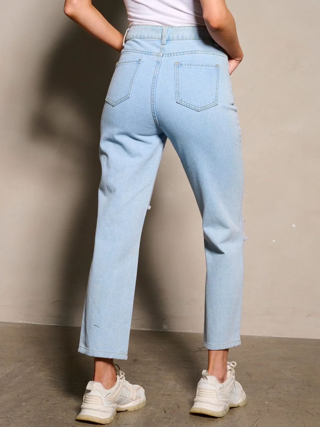 WOMEN'S BUTTON CLOSURE GRAPHIC DISTRESS DENIM PANTS