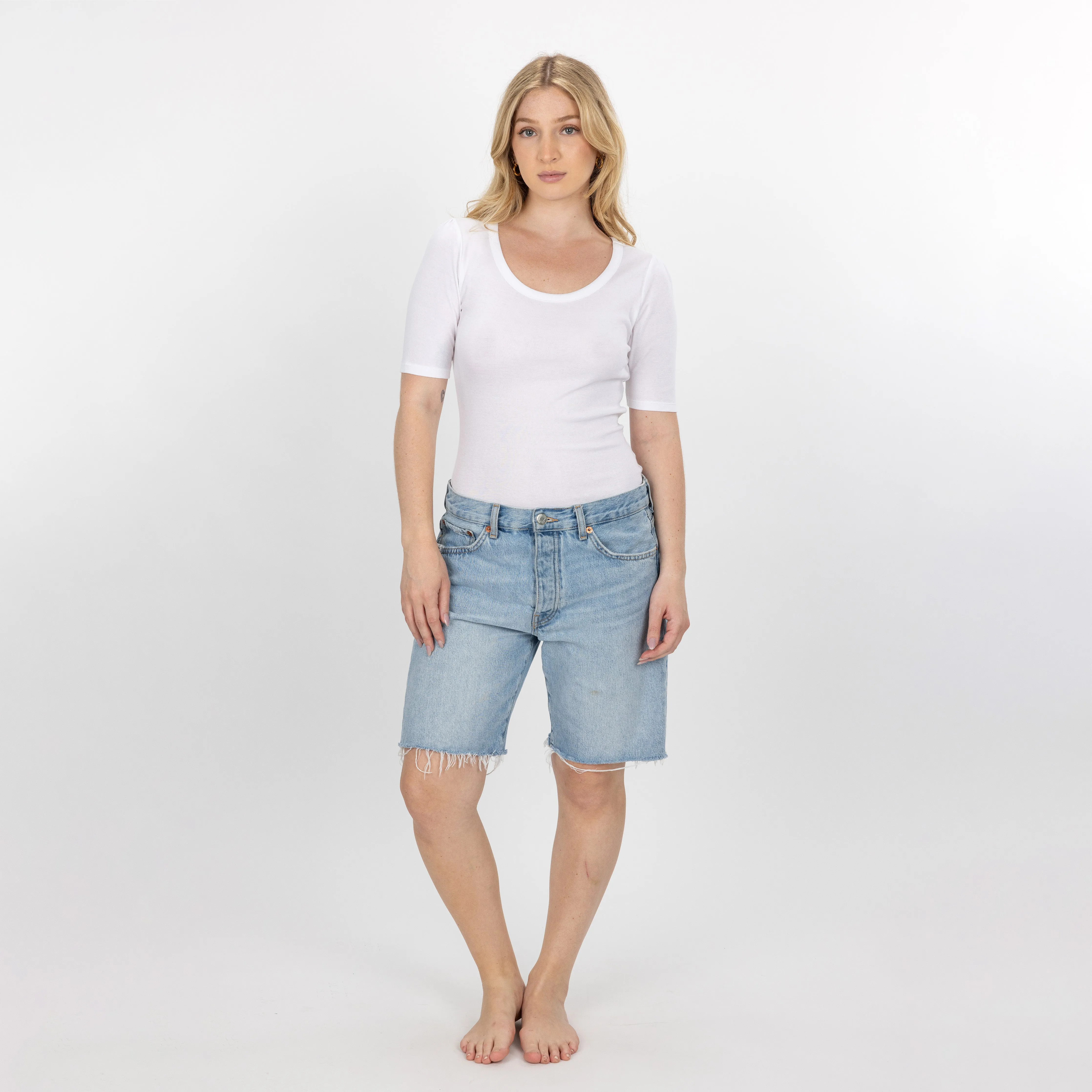 Womens Scoop Neck Elbow Length Tee - Bright White