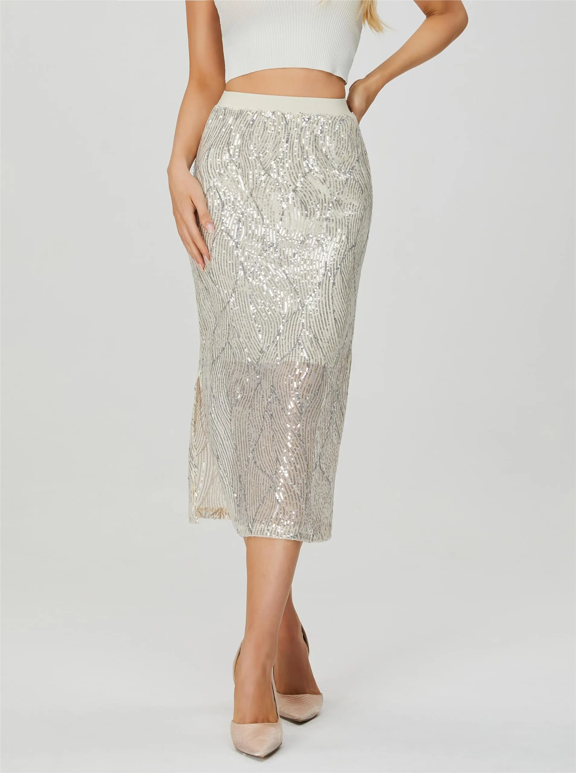 Women's Sequin Skirt - Sparkle Side Slit Pencil Bodycon Midi Pencil Skirts for Party Cocktail Club