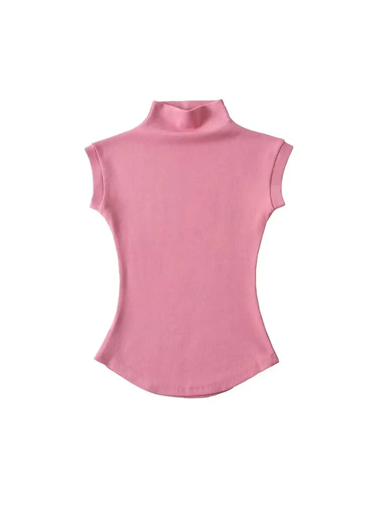 Women's Summer Sleeveless Turtleneck Top - Sexy Slim Fit Solid Casual Streetwear Tee