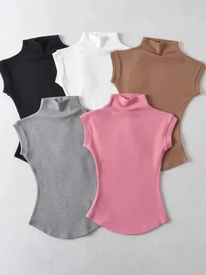 Women's Summer Sleeveless Turtleneck Top - Sexy Slim Fit Solid Casual Streetwear Tee