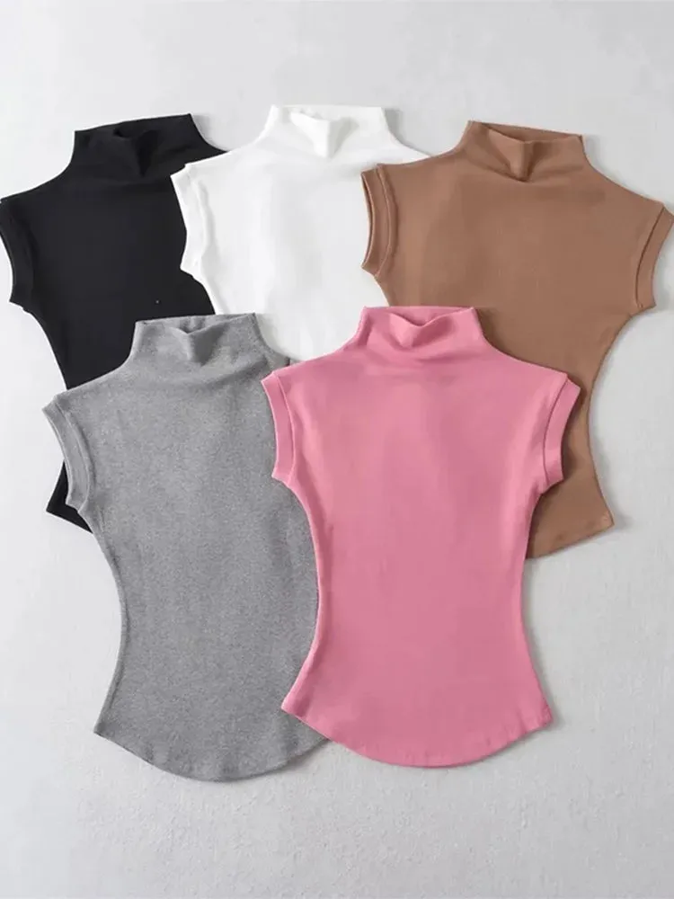 Women's Summer Sleeveless Turtleneck Top - Sexy Slim Fit Solid Casual Streetwear Tee