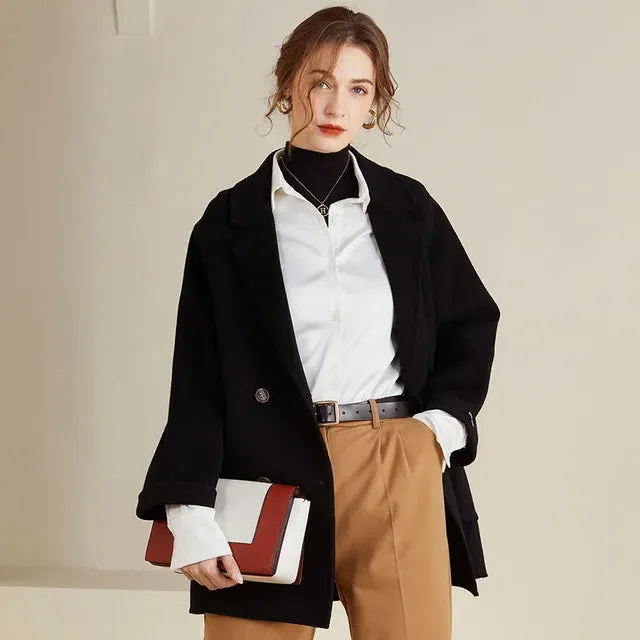 Women's Woolen Coats – Loose Casual Double-Breasted Retro Double-Sided Jacket for Office, Autumn & Winter Outerwear