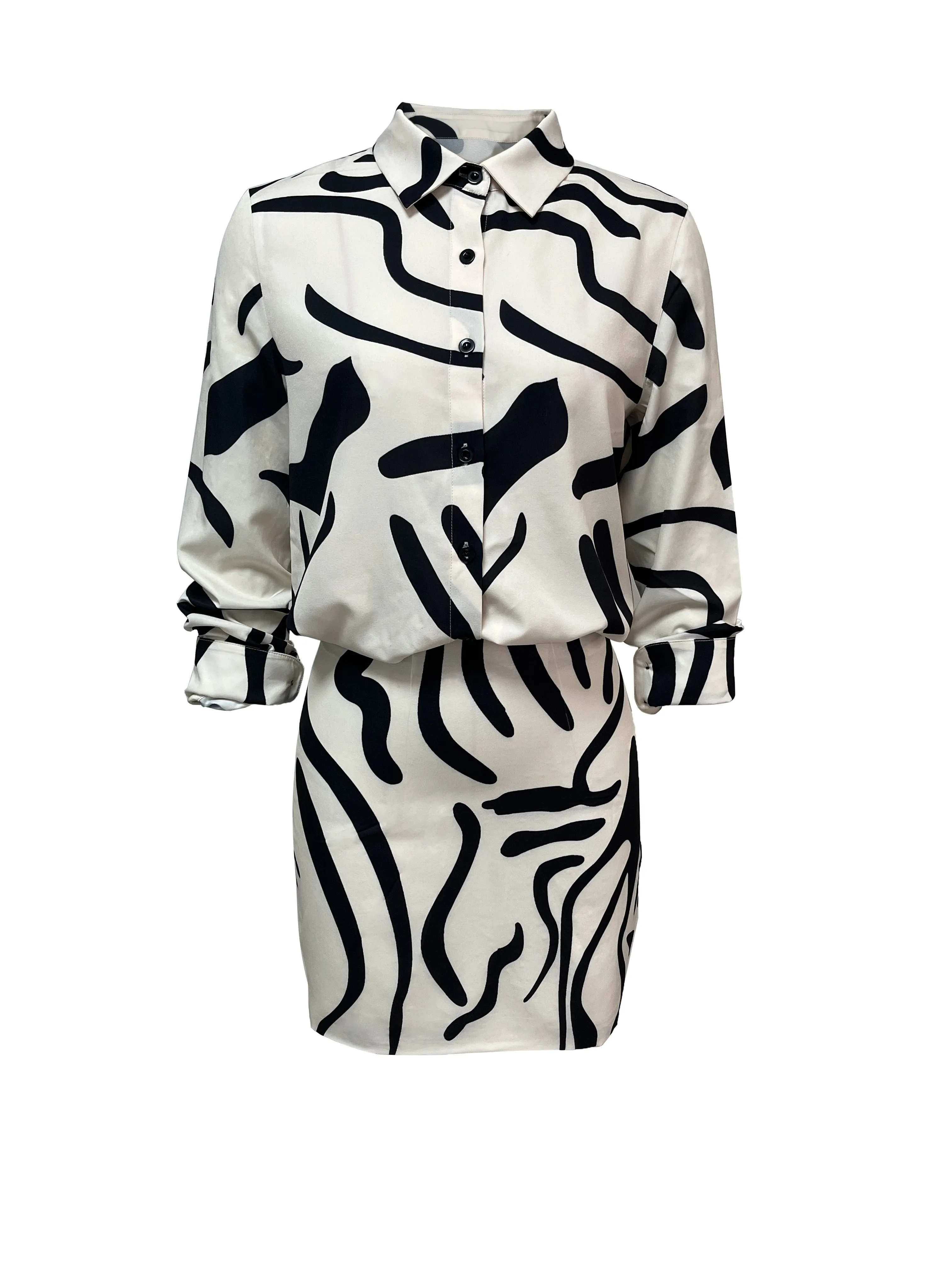 xieyinshe  Abstract Print Casual Two-piece Set, Button Front Long Sleeve Tops & Bag Hip Skirts Outfits, Women's Clothing