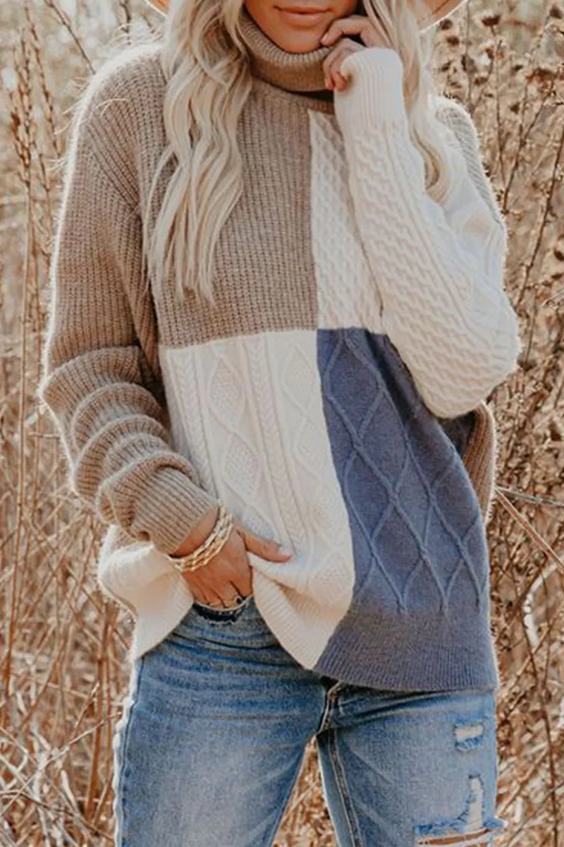 Xieyinshe Casual Patchwork  Contrast Turtleneck Tops