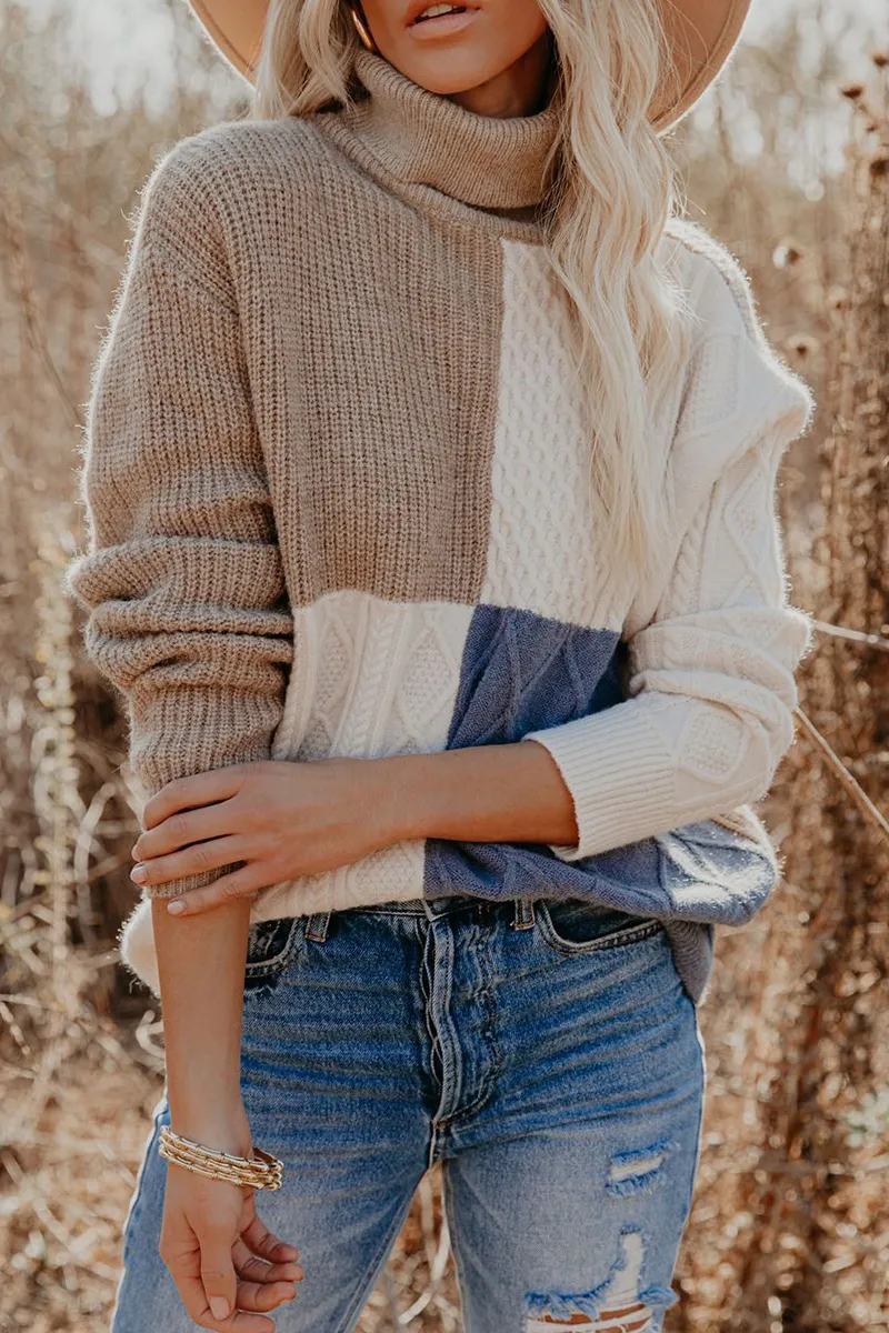 Xieyinshe Casual Patchwork  Contrast Turtleneck Tops