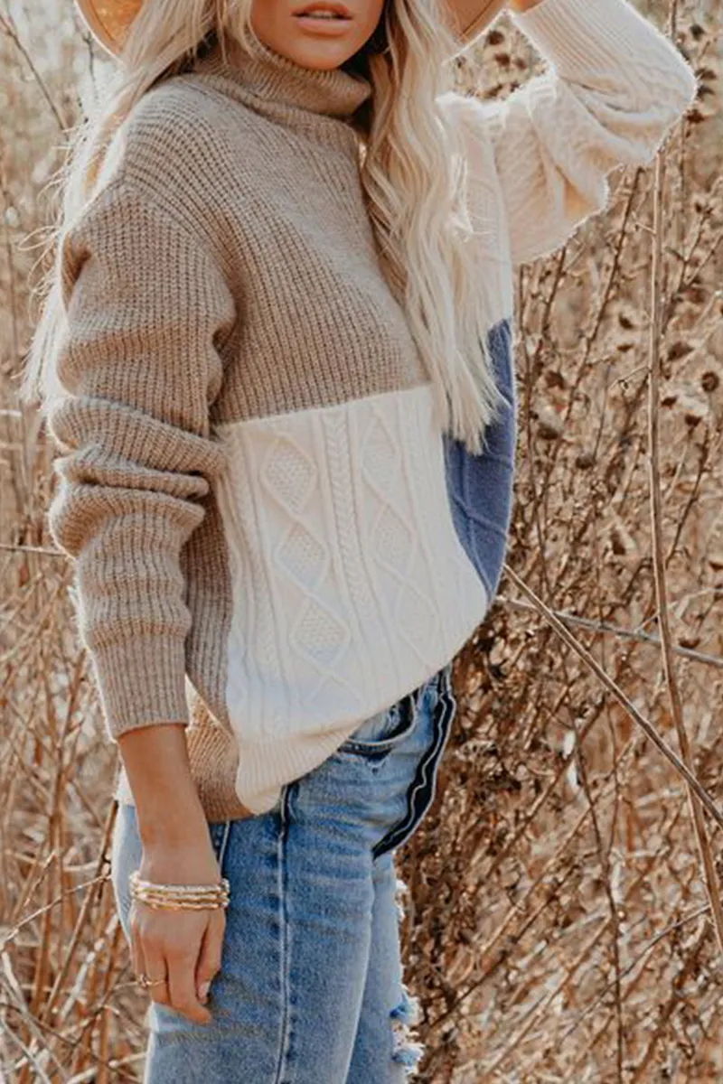 Xieyinshe Casual Patchwork  Contrast Turtleneck Tops