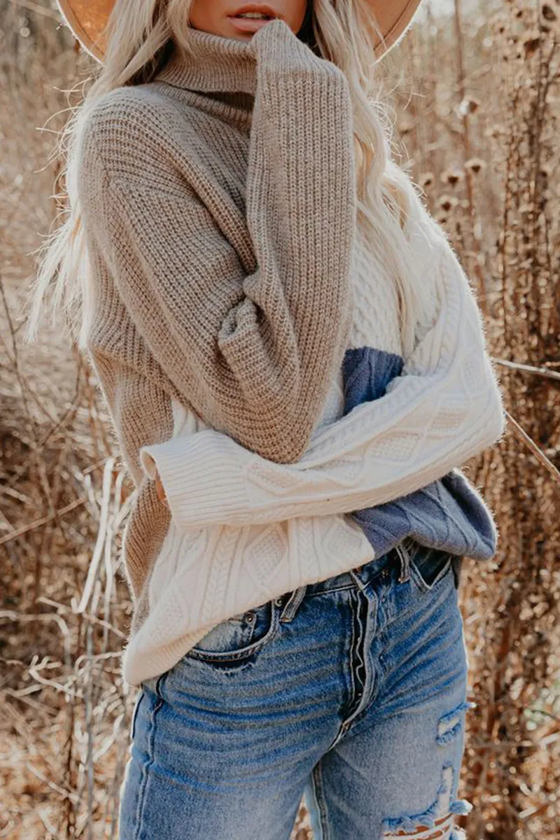 Xieyinshe Casual Patchwork  Contrast Turtleneck Tops