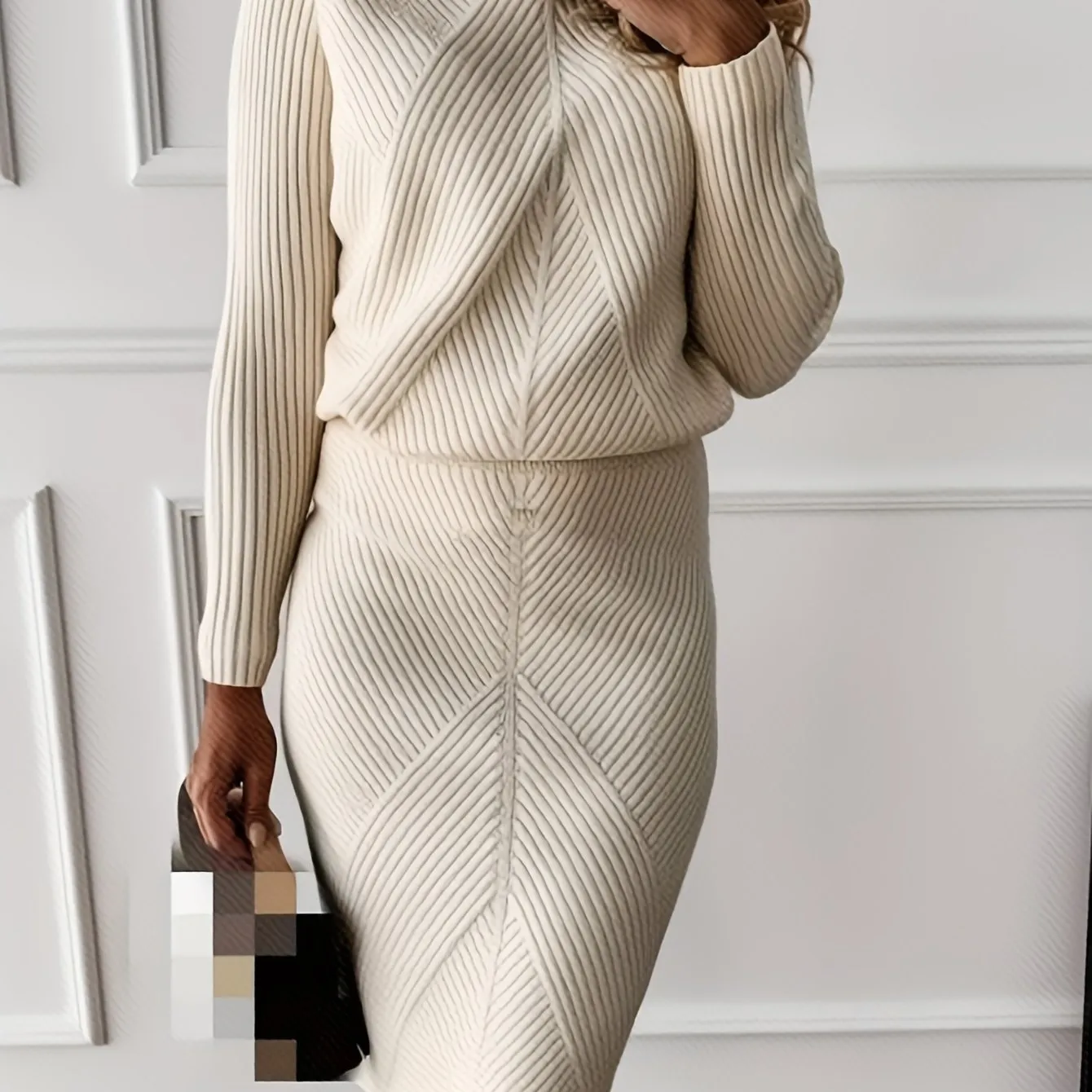 xieyinshe Casual Solid Two-piece Set, Turtleneck Long Sleeve Tops & Bag Hip Skirts Outfits, Women's Clothing