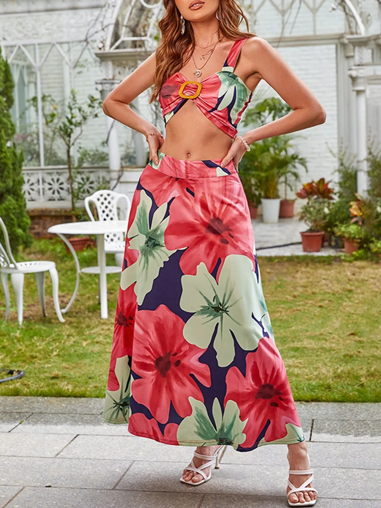 xieyinshe  Ditsy Floral Print Two-piece Set, Cropped Cami Tops & Elegant High Waist Maxi Skirts Set, Women's Clothing