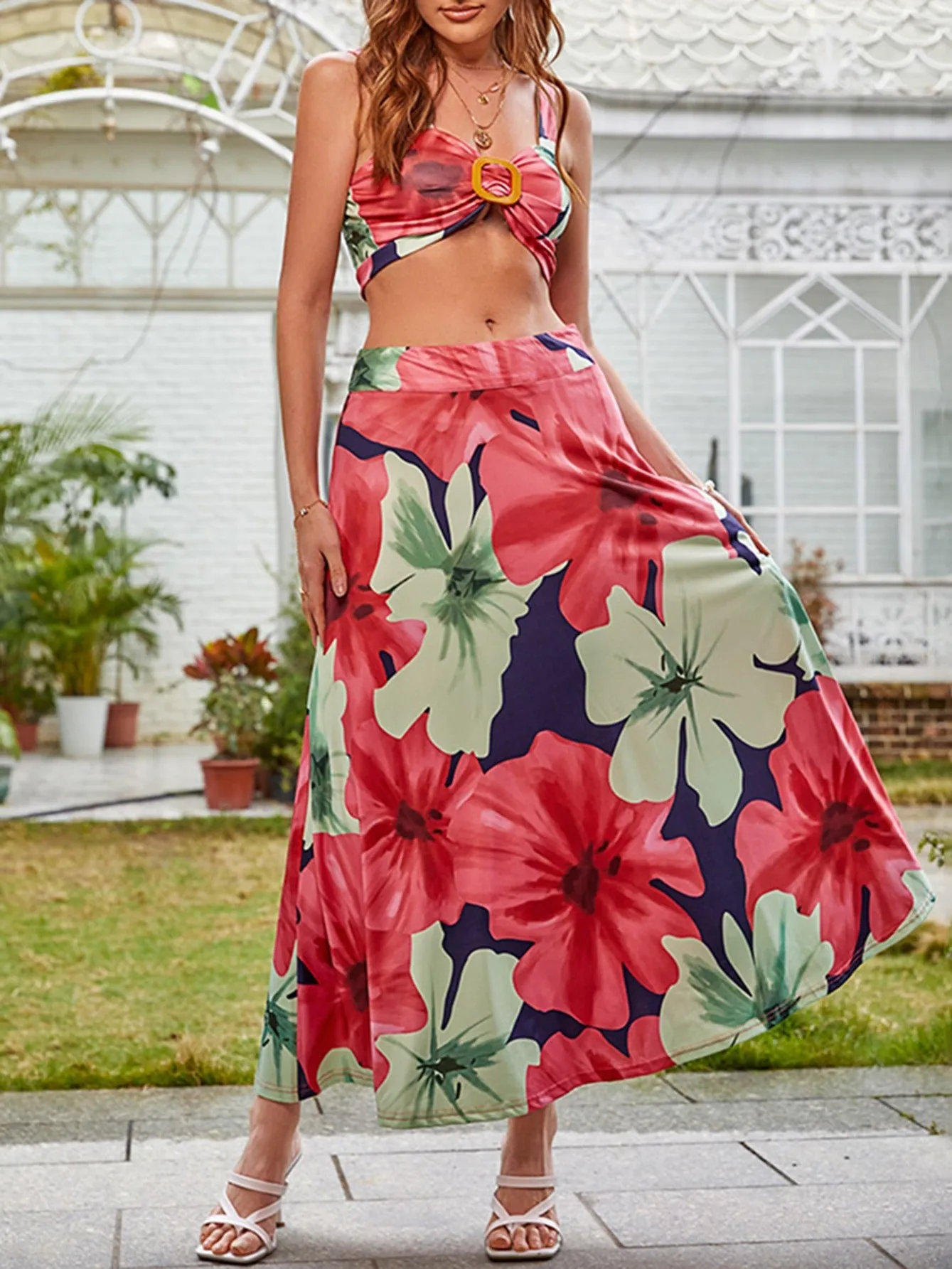 xieyinshe  Ditsy Floral Print Two-piece Set, Cropped Cami Tops & Elegant High Waist Maxi Skirts Set, Women's Clothing