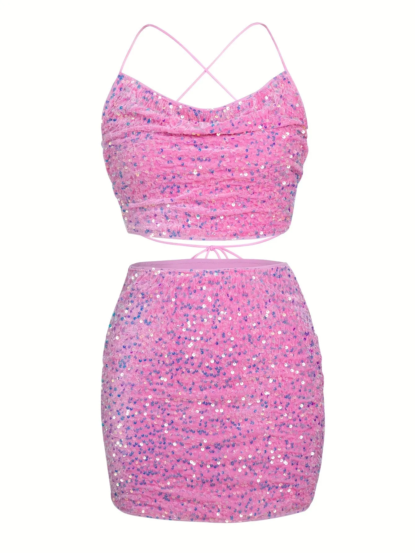 xieyinshe  Sequin Decor Two-piece Set, Back Cross Sleeveless Crop Cami Top & Bodycon Skirts Outfits, Women's Clothing