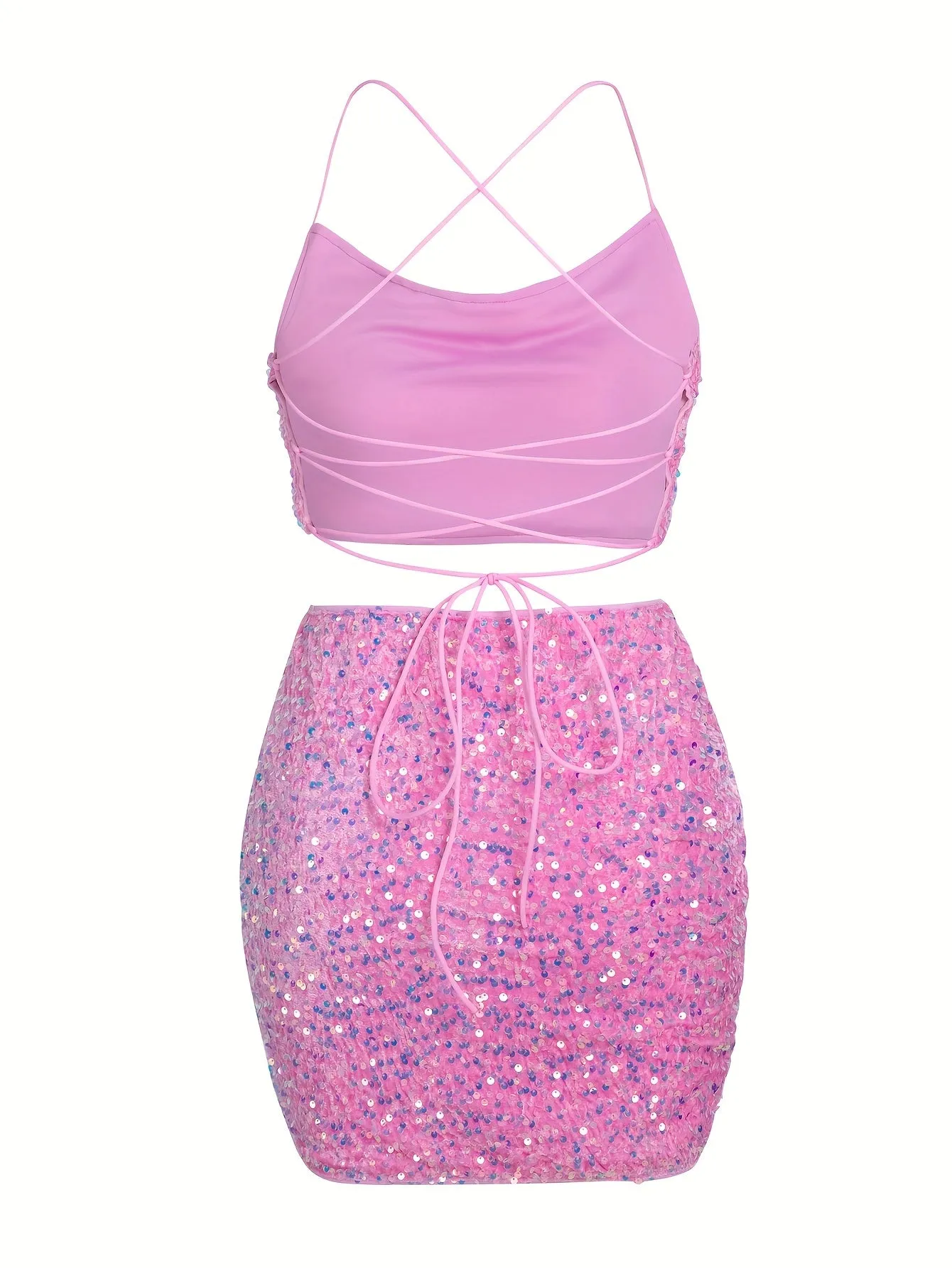 xieyinshe  Sequin Decor Two-piece Set, Back Cross Sleeveless Crop Cami Top & Bodycon Skirts Outfits, Women's Clothing