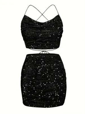 xieyinshe  Sequin Decor Two-piece Set, Back Cross Sleeveless Crop Cami Top & Bodycon Skirts Outfits, Women's Clothing