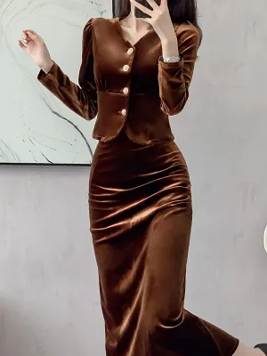 xieyinshe Solid Bodycon Two-piece Set, Button Front Long Sleeve Tops & High Waist Midi Skirts Outfits, Women's Clothing