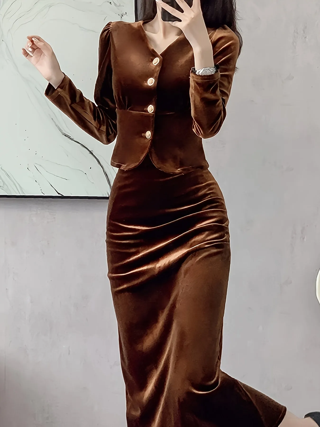 xieyinshe Solid Bodycon Two-piece Set, Button Front Long Sleeve Tops & High Waist Midi Skirts Outfits, Women's Clothing
