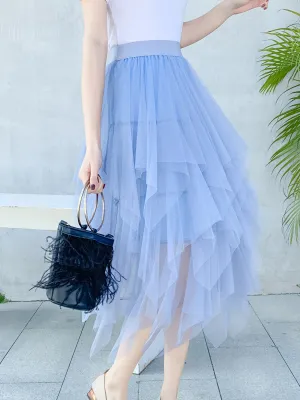 xieyinshe  Teen Girl Asymmetrical Tulle Long Skirt, Elastic High Waist Skirts For Elegant Outfit