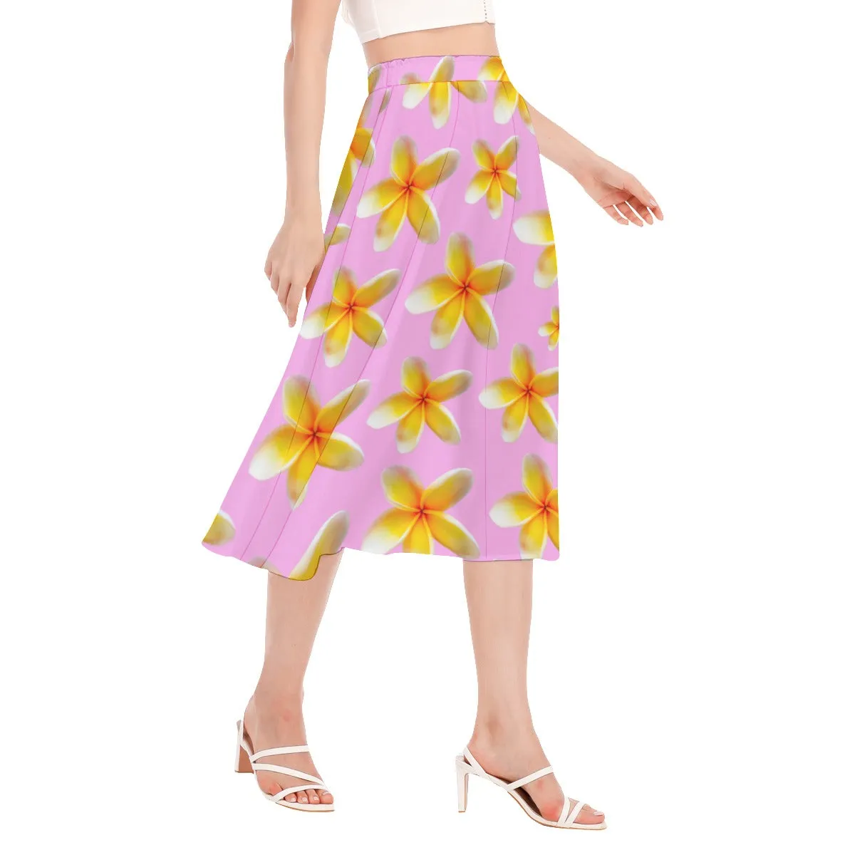Yellow Frangipanis Pink Chiffon Skirt No Pockets up to 2XL (FWS)